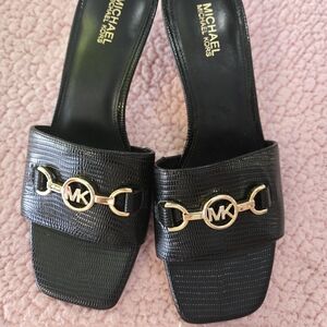 Michael Kors Black Lizard-Texture Slide Sandals with Gold MK Chain